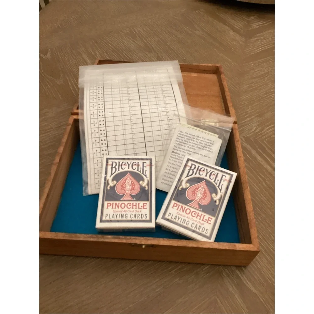 Vintage Handmade Wooden Pinochle Storage Box With Playing Cards And Score Pads